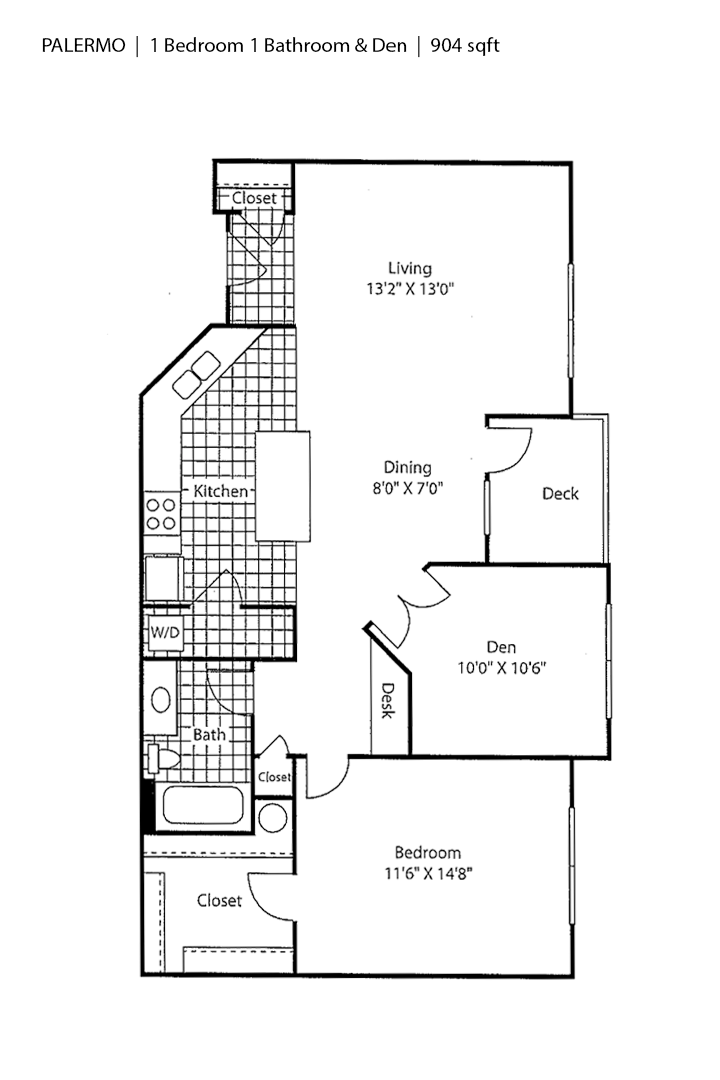 Floor plan for 1 bed, 1 bath, 904 sqft